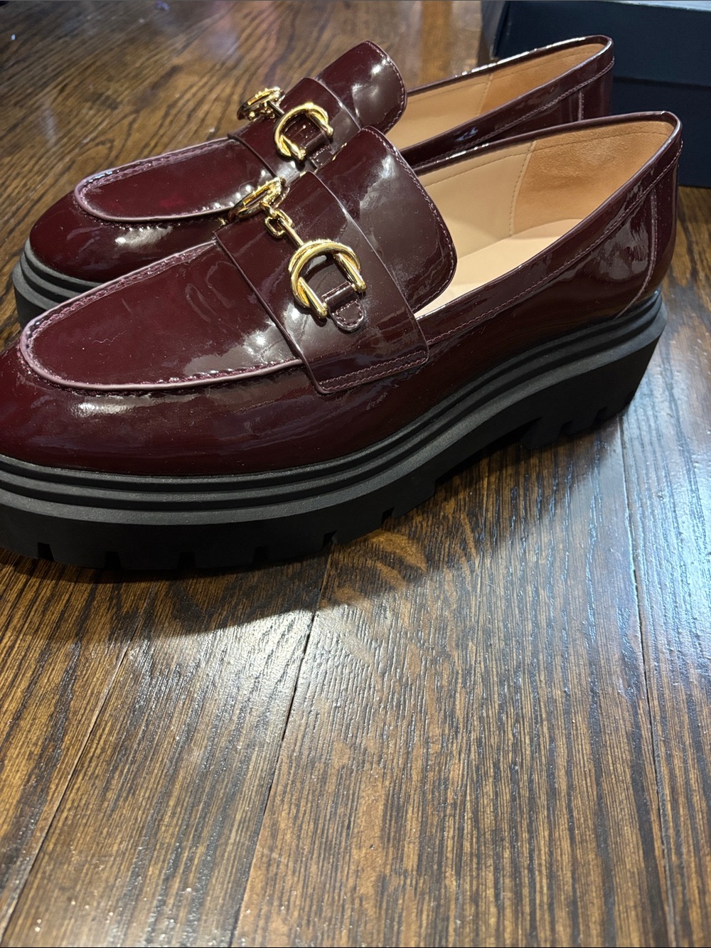 Stuart Weitzman Burgundy Patent Loafers with Gold Horsebit